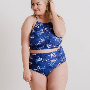 NWT 2XL High Waist Ruched Bikini Swimsuit Bottom Blue Palm